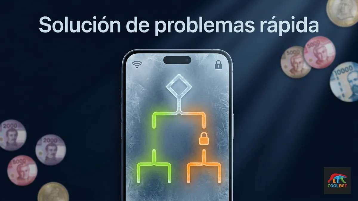 Mockup de celular con árbol de decisión para solucionar problemas de acceso, con monedas chilenas de fondo