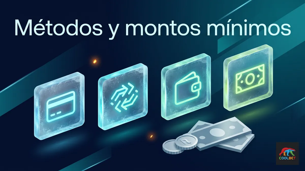 Cuatro tarjetas de hielo con iconos de métodos de pago y monedas chilenas para depositar en Coolbet Chile