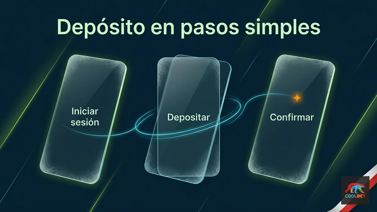 Tres pantallas de celular mostrando el proceso de depósito paso a paso en Coolbet Chile con luces de hielo azul
