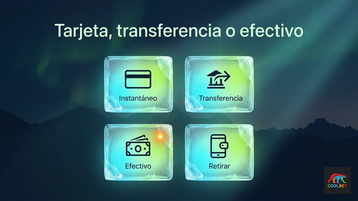 Comparativa visual de tarjeta, transferencia bancaria y efectivo para depositar en Coolbet Chile