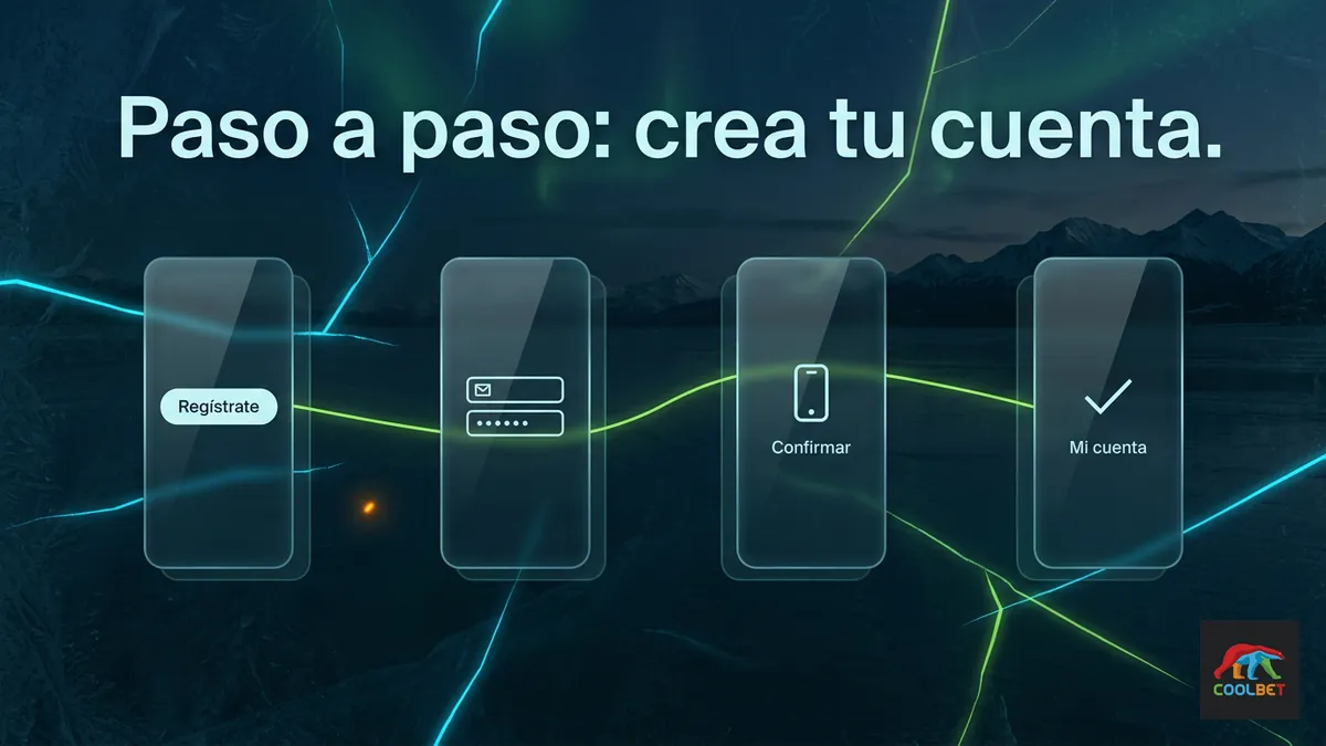 Cuatro pasos del registro en Coolbet Chile: Regístrate, datos, Confirmar y Mi cuenta
