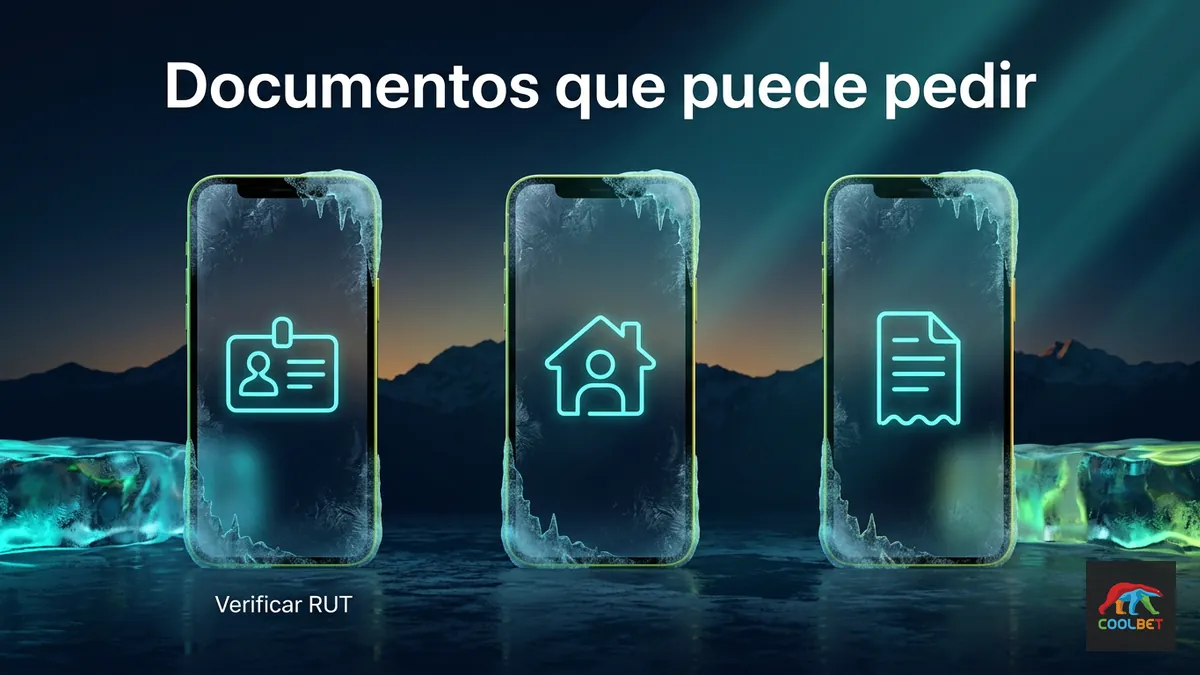 Tres pantallas de verificación de documentos para retiros de Coolbet Chile con fondo de cordillera nevada